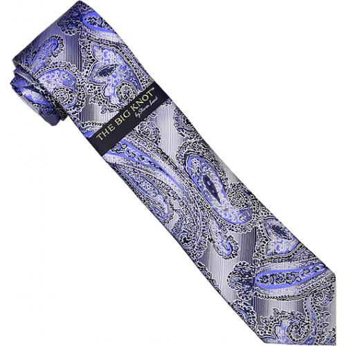 Steven Land Collection "Big Knot" SL073 Ocean Blue / Black / White Paisley Design 100% Woven Silk Necktie/Hanky Set
